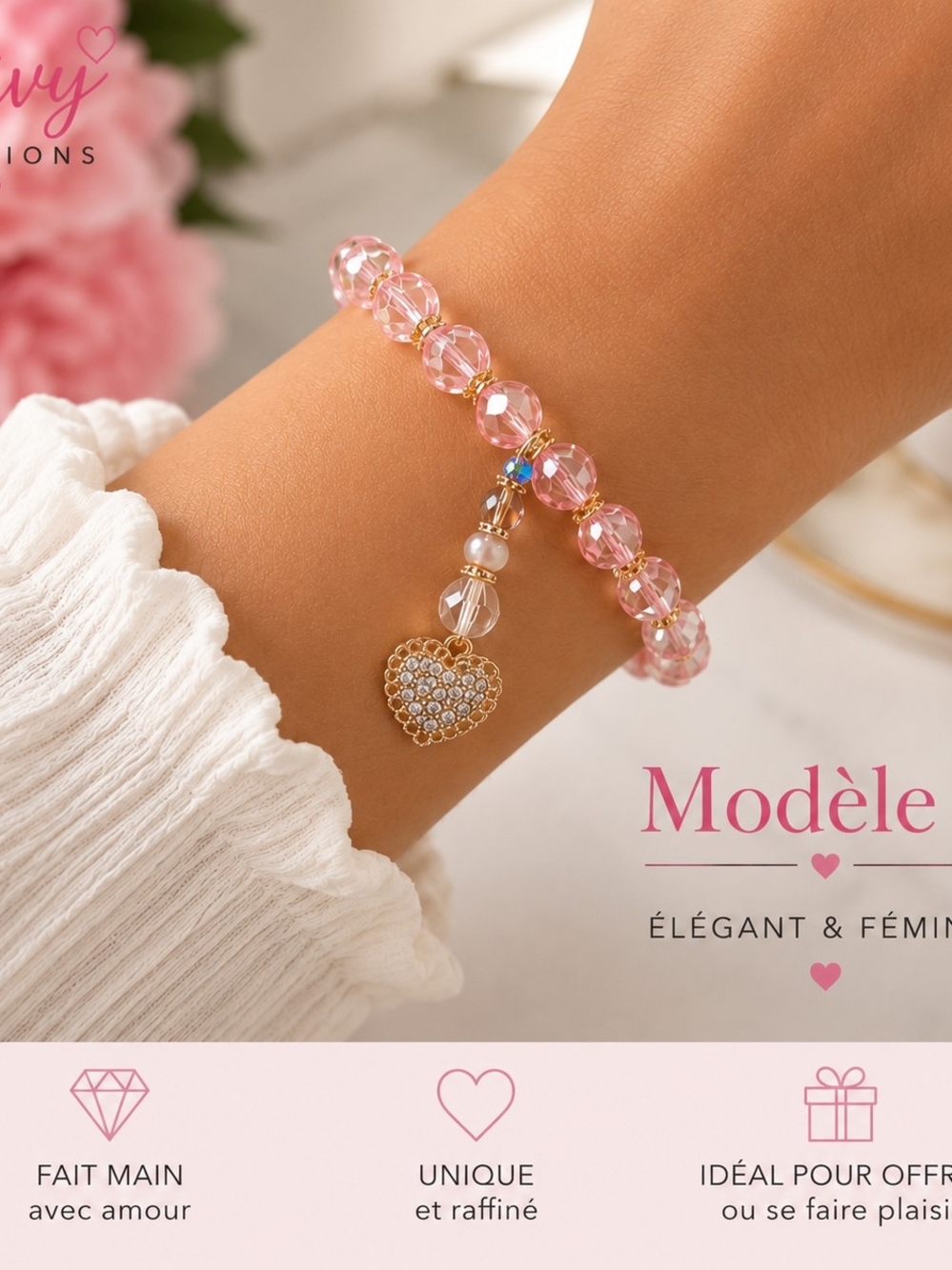 Gold Heart Charm Pink Beaded Bracelet